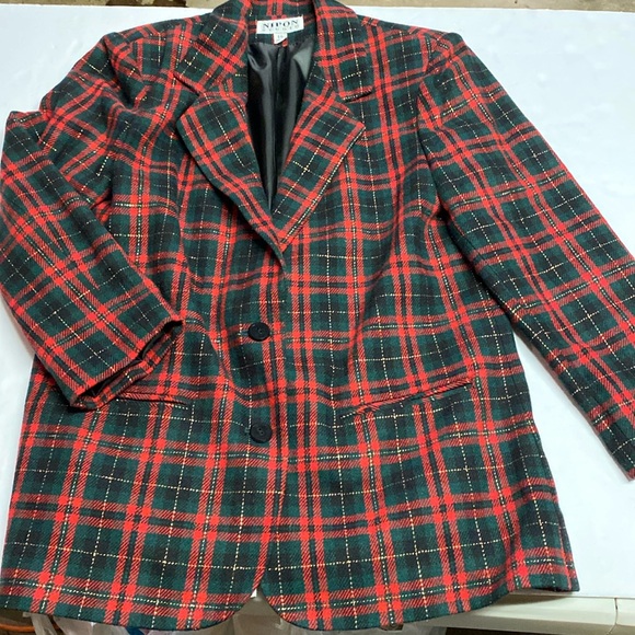Wool Christmas Blazer 2 Button Red/Green/Gold Plaid Women’s Size 14 Shoulder Pad - Picture 1 of 13